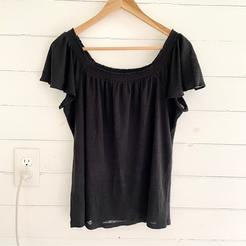 Loft Black Linen Square Neck Flutter Sleeve Top